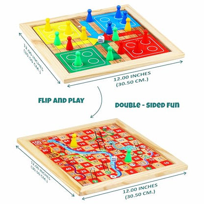 Ankit Toys & Games 5-in-1 Wooden Board Game Set Includes Ludo, Snakes & Ladders, Chess, Checkers, and Tic Tac Toe. Portable Fun for Kids, Adults and Family Game Nights | 2 Reversible Boards