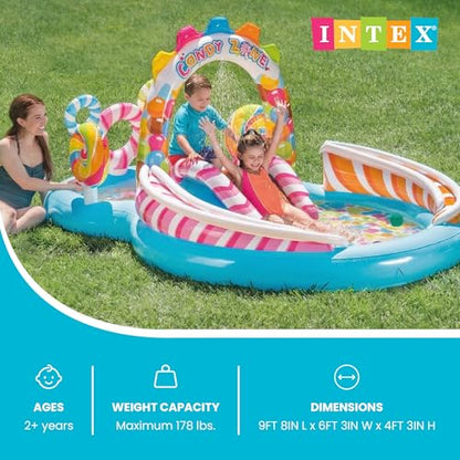 INTEX Candy Zone Inflatable Kiddie Pool: Inflatable Kids Pool with Water Sprayer and Slide – Splash Pad – 116" x 75" x 51" – Ages 3+ - color: Multicolor, size: 116" x 75" x 51"