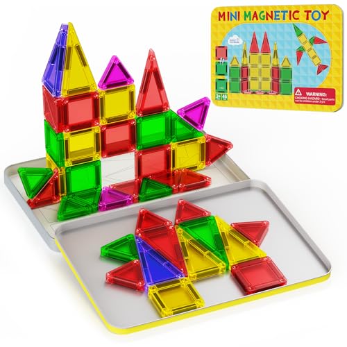 46PCS Mini Magnetic Tiles, Magnetic Tiles Travel Set with Case, STEM Educational Building Set Construction Toys for Kids Ages 3+, Portable Building Toys for Toddlers, Boys & Girls Birthday Gift - style: 46 PCS