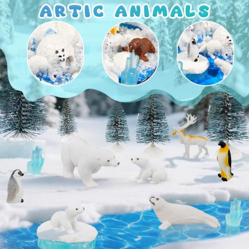 Warmtree 46-Piece Arctic Animals Figurine Set Includes 22 Polar Bear and Penguin Figurines, 6 Mini Pine Trees, 18 Icebergs Snow, Ripple Water Stickers, and Ocean Habitat Diorama Supplies