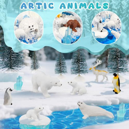 Warmtree 46-Piece Arctic Animals Figurine Set Includes 22 Polar Bear and Penguin Figurines, 6 Mini Pine Trees, 18 Icebergs Snow, Ripple Water Stickers, and Ocean Habitat Diorama Supplies