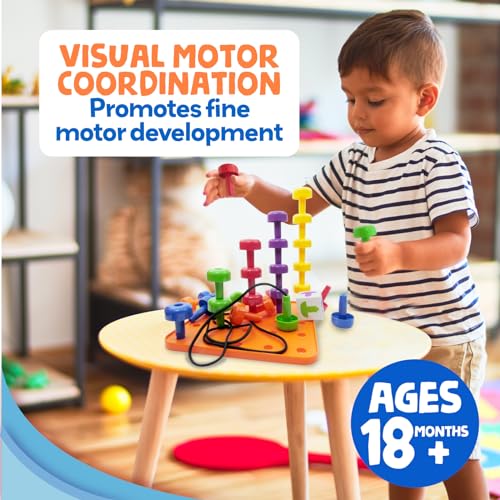Skoolzy Peg Board Set - Montessori Toys for 2 Year Old - 33 Pc Plastic Peg Board for Kids - Occupational Therapy Toys with Pegs, Dice, Lacing String & Storage Bag - style: Peg Set with Plastic Board (33 pc)