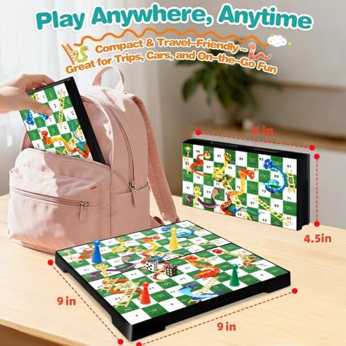 Magnetic Snakes and Ladders Board Game for Kids and Adults - 9" Compact Portable Travel Games with Pieces and Dice, Classic Foldable Family Game Set for 2-4 Players Ages 3 and Up