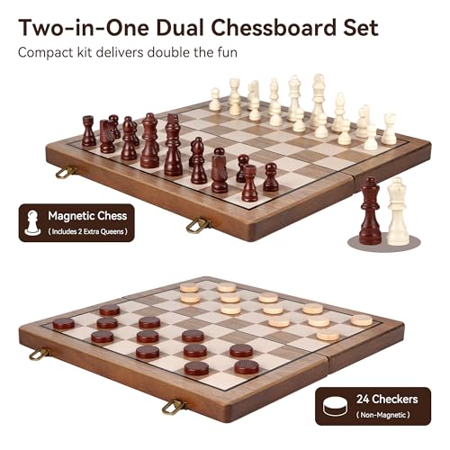 Hvygss 15 Inch Magnetic Chess Board, Foldable Wooden Chess Set with Checkers, Handcrafted Pieces with 2 Extra Queens, Portable Travel Board Game for Kids 6+ (Walnut Style, 15 Inch)