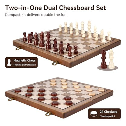 Hvygss 15 Inch Magnetic Chess Board, Foldable Wooden Chess Set with Checkers, Handcrafted Pieces with 2 Extra Queens, Portable Travel Board Game for Kids 6+ (Walnut Style, 15 Inch)