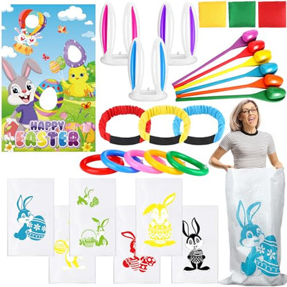 JellyArch 34 Pcs Easter Outdoor Toss Party Games Includes Potato Sack Race Jumping Bags Egg Spoon Race Inflatable Bunny Ring Toss Games Bean Bags Legged Race Bands Game Banner for Easter Hunt Party