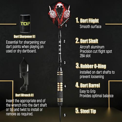 Professional 6 Pack Steel Tip Darts Set - 22 Grams Darts Metal Tip Set in Case - Brass Darts with 12 Aluminum Shafts, 12 Dart Flights, Dart Tool and Dart Sharpener for Beginners to Pros
