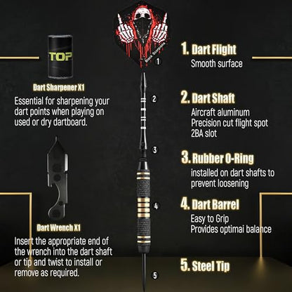 Professional 6 Pack Steel Tip Darts Set - 22 Grams Darts Metal Tip Set in Case - Brass Darts with 12 Aluminum Shafts, 12 Dart Flights, Dart Tool and Dart Sharpener for Beginners to Pros