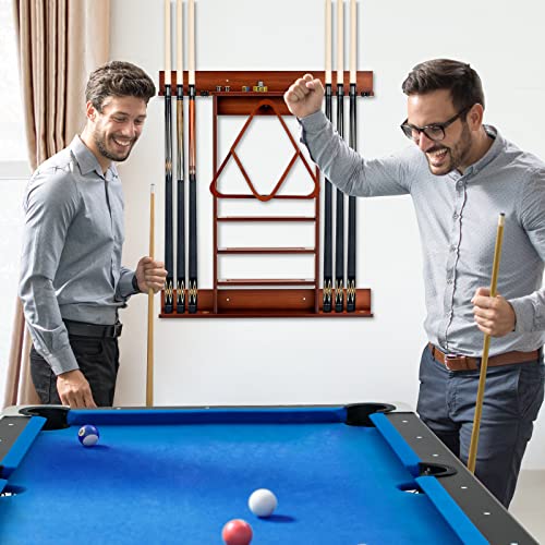 LDAILY Pool Cue Rack Only, Wooden Pool Cue Holder, Holds 8 Cues, 16 Billiard Balls & Ball Rack, Pool Stick Holder Wall Mount for Billiard Room, Club & Man Cave, 31" L x 3" W x 36" H (Coffee)