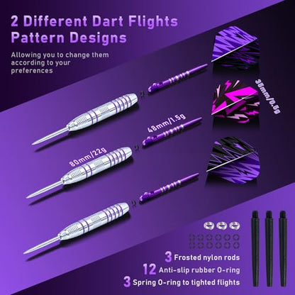 XAWU 3 Pack Steel Tip Darts Set Professional Darts 22g, 24g with 9 Dart Flights 3 Aluminum Shafts 3 Spare Shafts 1 Dart Sharpener 12 Rubber O-Rings Flight Protector and Darts Case - color: 24g Moonlight Purple