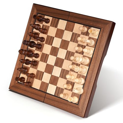 2 in 1 Magnetic Wooden Chess and Checkers Board Game Set, 12" Folding Chess Boards, Portable Travel Chess Sets with Pieces Storage Slots, Beginner Chess Game Set for Kids and Adults