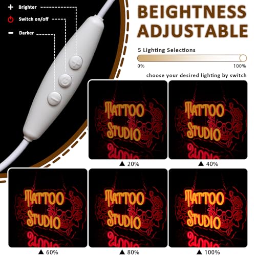 Tattoo Studio Neon Sign for Wall Decor, Red Rose Flower Led Signs for Business, USB Dimmable Skull Neon Lights for Tattoo Piercing Salon Beer Bar Pub Garage Man Cave Gothic Party Decor - style: Tattoo Studio