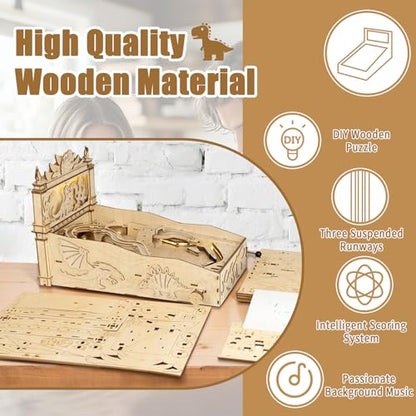 WodGod 3D Wooden Dinosaur Pinball Machine DIY Kit for Adults & Teens - Tabletop Arcade Game with LED Lights & Sound Effects, STEM Building Model, Creative Gift for Ages 14+