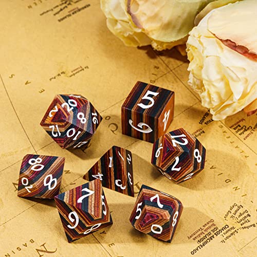 DND Dice Set 7PCS Wood Polyhedral Dice Set D&D with Metal Box for RPG Role Playing Tabletop Games (Yellow Striped) - color: Yellow Striped