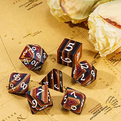 DND Dice Set 7PCS Wood Polyhedral Dice Set D&D with Metal Box for RPG Role Playing Tabletop Games (Yellow Striped) - color: Yellow Striped