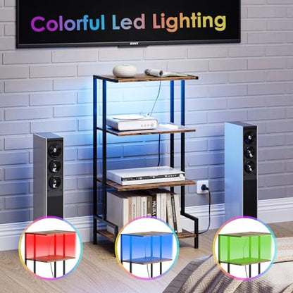 Arbuxzuy 4-Tier AV Media Stand with Power Outlet and LED Lights,Wooden Stereo Stand Cabinet,Game Console Shelf for Small Space,Audio Rack Stand Tower Ideal for Video DVD Players,Xbox - color: Rustic Brown