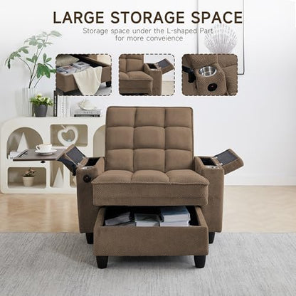 oaaktu Modern Tufted Linen Fabric Chaise Lounge Sofa Chair with Rotating Side Table,Storage,Pillow,USB Charging Ports and Adjustable Backrest Perfect for Living Room, Small Spaces (Coffee) - color: 12coffee