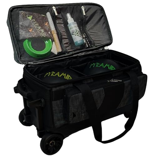 Pyramid Deluxe Double Roller 2 Ball Bowling Bag with Large Separate Shoe Compartment (Up To 2 Pairs Of Shoes) and Accessory Pockets, Sturdy Square Handle - Extends to 40" - Pro Options Available - color: Pro Black/Circuit Black