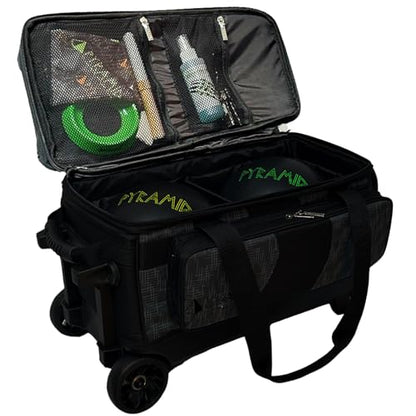 Pyramid Deluxe Double Roller 2 Ball Bowling Bag with Large Separate Shoe Compartment (Up To 2 Pairs Of Shoes) and Accessory Pockets, Sturdy Square Handle - Extends to 40" - Pro Options Available - color: Pro Black/Circuit Black