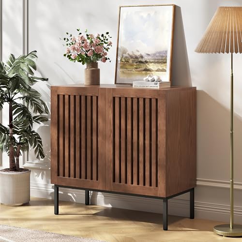 BVIUNTWO Modern Storage Cabinet with Slatted Doors,Sideboard Buffet Cabinet with Adjustable Shelf and Metal Legs for Kitchen,Dining Room,Living Room,32 Inch,Brown - size: 32 Inch