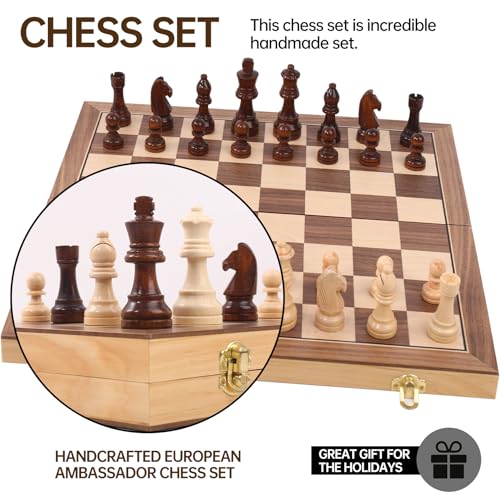 Ajedrez Magnetic Wooden Chess Set with Staunton Pieces, 15" Solid Wood Folding Chess Board with 2 Extra Queens, Internal Storage Slots for Adults Kids, Gift Box - color: Natural Wood Color