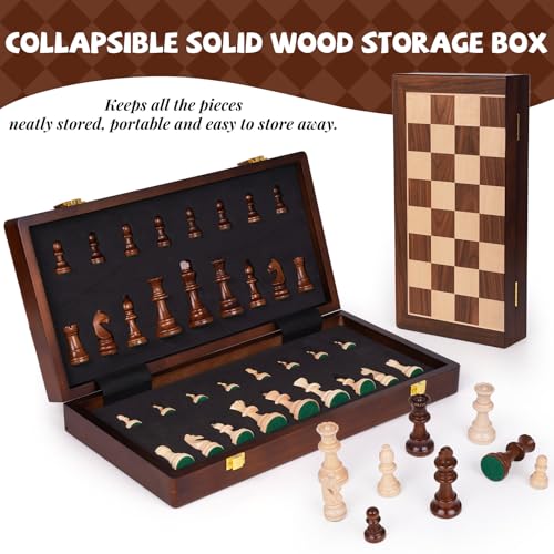 Large 17” Wooden Chess Set for Adults and Kids– Large Solid Folding Wood Chess Board with Hand-Carved Pieces, 3.25” King, 2 Extra Queens, Family Classic Strategy Board Game