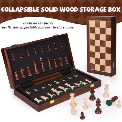 Large 17” Wooden Chess Set for Adults and Kids– Large Solid Folding Wood Chess Board with Hand-Carved Pieces, 3.25” King, 2 Extra Queens, Family Classic Strategy Board Game