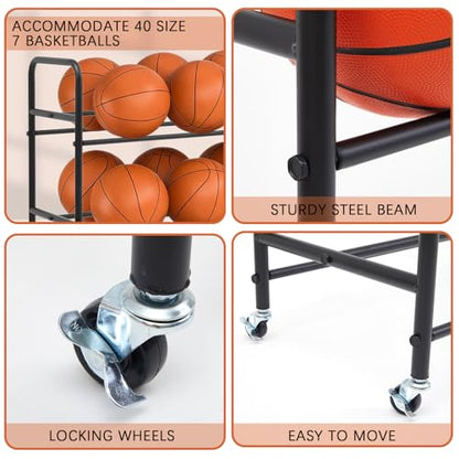 Colingmill Heavy Duty Basketball Rack with Wheels, Multi-tier Rolling Ball Storage Cart, Sports Equipment Organizer for School, Gym, Club Shoot Training(55 x 14 x 47 Inches,40 Balls)
