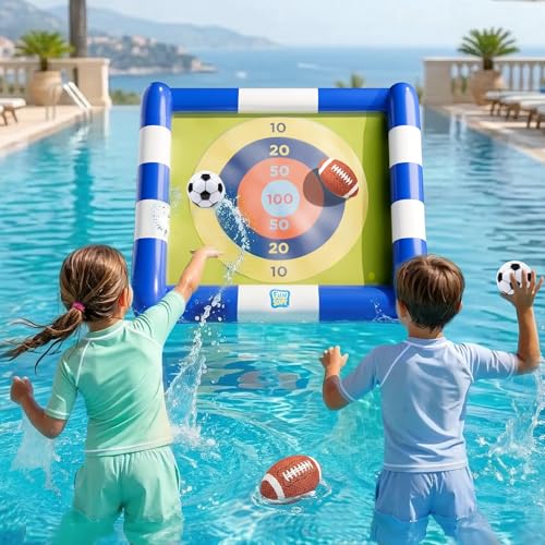 Funscape Kids Soccer Pool Toy, 2-in-1 Inflatable Float Soccer Goal & Ball Toss Water Game, Toddler Outdoor Football Backyard Game, Summer Beach Pool Party Gift 3 4 5 6 7 8 10 12 Year Old Boy Girl Teen - style: Striped Pattern