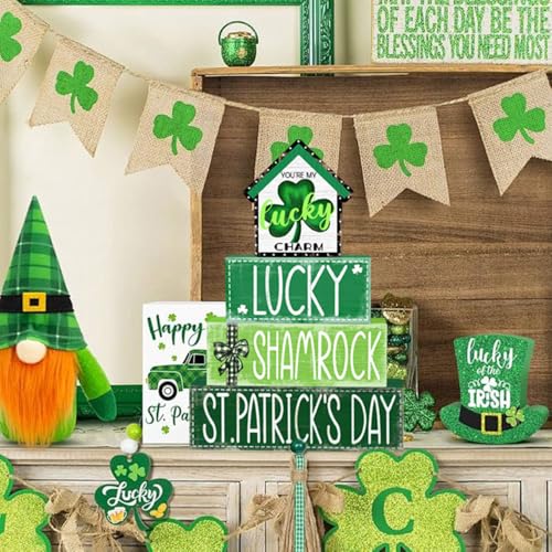 DIYDEC 4Pcs St.Patrick's Day Table Decoration Shamrocks House Wooden Block Signs Rustic St. Patrick Tiered Tray Decor Happy St.Patrick's Day Centerpiece Sign for Farmhouse Holiday Tabletop Party Decor - style: St.Patrick's Day House