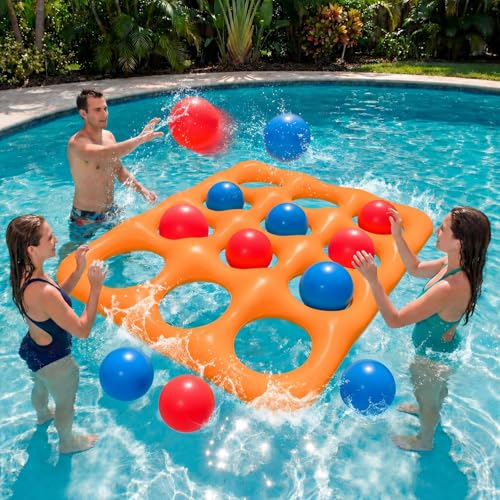 Upgraded Pool Toys 12-Square Pool Tic Tac Toe Game Set With 12 Inflatable Balls, Pool Games for kids/Adults/Teens, Inflatable Pool Games, Suitable Pool Beach Party Birthday Favors & Family, Orange - color: Orange