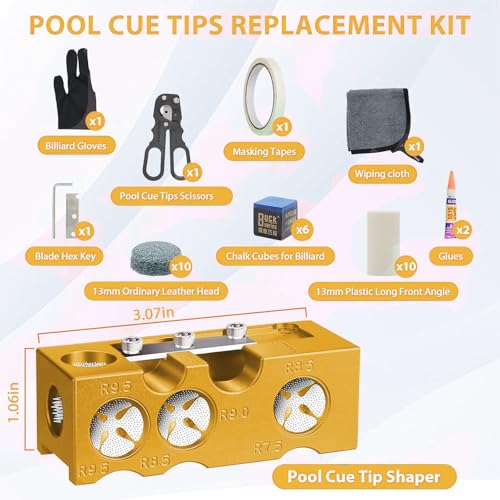 11-in-1 Billiards Pool Cue Tip Shaper, Pool Cue Tips Replacement Kit, Pool Cue Tips,Pool Cue Tip Tool for Replacement and Shaping Cue Tips - color: Yellow