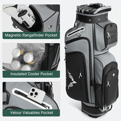 uniHimal Golf Cart Bag with 14-Way Full-Length Dividers, Golf Bag for Men Women with Magnetic Leather Pocket, Handles and Rain Cover, Lightweight Golf Club Bag Includes Cooler Pockets - color: Grey