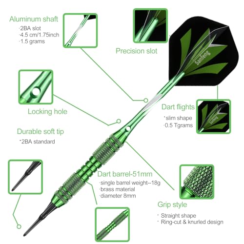 Soft tip Darts Set 18/20 Grams - Professional Darts Plastic Tip with Brass Barrel + Aluminum Shafts + 50 Rubber o-Ring + 6 Flights +50 Soft Tips for Electronic Dartboard - color: 20 grams-green