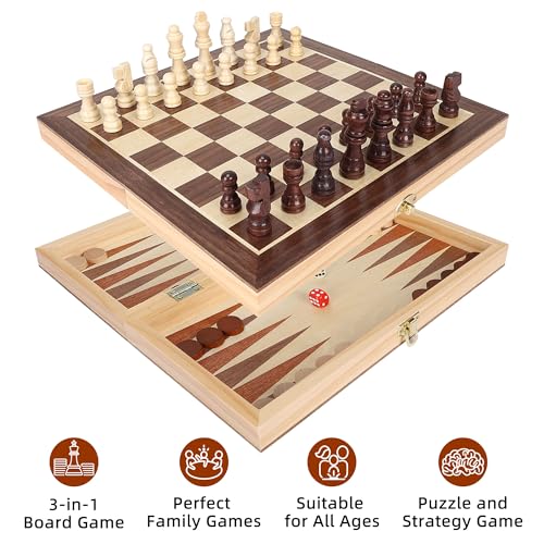 Offelec 3-in-1 Folding Chess Board Set, Wooden Chess Checkers and Backgammon Game Set for Adults Kids & Family, Portable Travel Board with Game Pieces Storage | Classic Strategy Board Games - color: 3-in-1 Folding Board Set