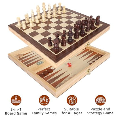 Offelec 3-in-1 Folding Chess Board Set, Wooden Chess Checkers and Backgammon Game Set for Adults Kids & Family, Portable Travel Board with Game Pieces Storage | Classic Strategy Board Games - color: 3-in-1 Folding Board Set