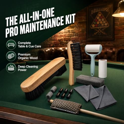 6 Piece Pool Table Cleaning Kit Professional Billiard Felt Cleaner Rail Brush Set with Wooden Brushes Cue Cloths Ferrule Polish Cloths and Sticky Lint Roller for Table Care