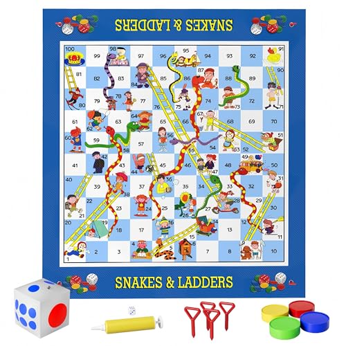 Giant Snakes and Ladders Floor Game for Kids - 5.8 ft Extra-Large Indoor Outdoor Mat with Game Pieces & Inflatable Dice, Family Night Board Game Set, Birthday Toy for 3+ Year Old Boys and Girls