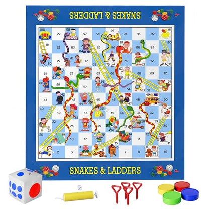 Giant Snakes and Ladders Floor Game for Kids - 5.8 ft Extra-Large Indoor Outdoor Mat with Game Pieces & Inflatable Dice, Family Night Board Game Set, Birthday Toy for 3+ Year Old Boys and Girls