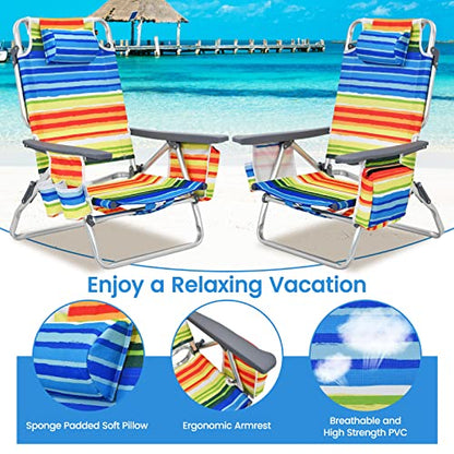 Tangkula Set of 2 Backpack Beach Chair, 5-Position Lay Flat Beach Chairs with Cooler Bag, 2 Cup Holders, Towel Bar, Lightweight Folding Beach Chair with Backpack Straps, Yellow - color: Yellow, style: 2 Pack