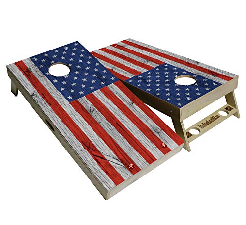 American Flag Series - Premium Cornhole Boards w Cupholders and a Handle - Includes 2 Regulation 4' x 2' Cornhole Boards w Premium Birch Plywood and 8 Cornhole Bags - color: Wood Flag