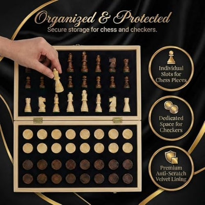 Wooden Magnetic Chess Set & Checkers Board Game, 17” Foldable Chess Board | Solid Wood 2-in-1 Board Game for Adults with Storage Box, 2 Extra Queens, Portable Travel Chess Set for Kids & Beginners - size: XL (17" x 17")