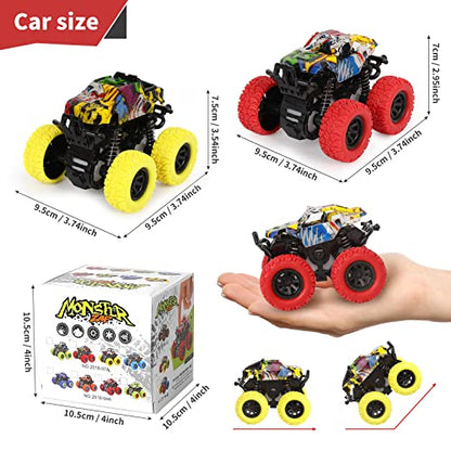 M SANMERSEN Monster Truck Toys for Kids, Friction Cars for Toddlers Push and Go 360° Rotating Stunt Car for 3+ Year Old Boys Girls Gifts (2 Pack - Red and Yellow) - color: Red