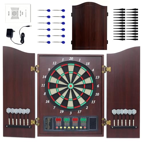 Electronic Dart Board Cabinet Set, Double Wood Door Panel Electric Darts Machine with LCD Display, Digital Scoreboard, Wall-Mounted Machine Includes Soft Darts for Family Game Room Clubs Events - color: Coffee brown