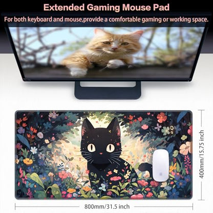 Canjoy Cute Black Cats Anime Mouse pad, 31.5x15.7inch Kawaii Computer Keyboard Mat Extended Large Gaming Mouse Pad with Non-Slip Rubber Base - color: Black Cat