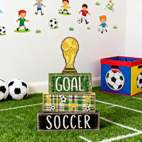 DIYDEC 4Pcs Soccer Tabletop Decorations Wooden Trophy Block Signs Gift Rustic Football Tiered Tray Decor Soccer Centerpiece World Cup Table Sign for Home Office Tabletop Fireplace Party Decor - style: Soccer Trophy