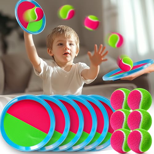 Toss and Catch Ball Game Set, Beach Outdoor Toys for Kids Boys with Paddle, Balls and Storage Bag, Yard Backyard Outside Indoor Toys Games Gifts for Kids Boys Girls Ages 3 4 5 6 7 8 9 10 - style: 6 Paddles & 6 Balls