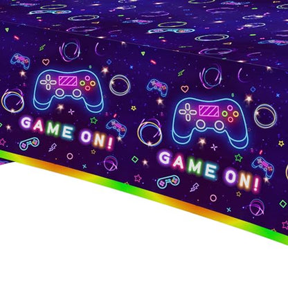 Video Game Party Tablecloth Decorations - Disposable Neon Glow Level Up Game On Birthday Party Supplies Table Cover - 3 Pack (54in x 108in)