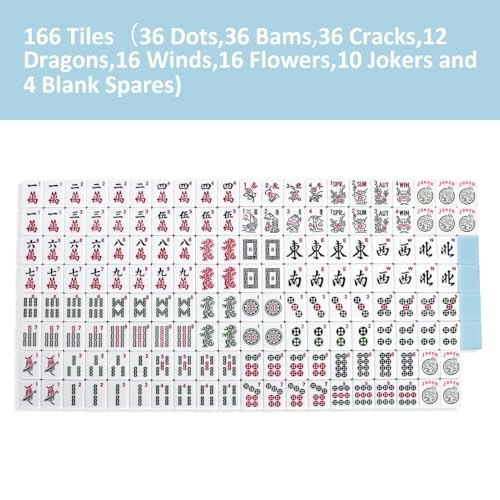 American Mahjong Game Set, 166 Blue Tiles, Blue Bag and Accessories, 4 All-in-One Transparent Rack/Pushers, Mahjong Tile Set - color: Blue