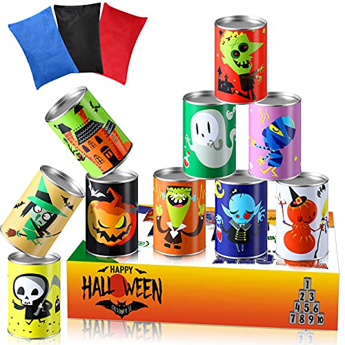 BBTO 14 Pcs Halloween Party Games for Kids Adults Halloween Carnival Bean Bag Toss Games Metal Cans with 3 Bean Bags in Gift Box Boo Basket Stuffers Gifts for Holiday Trick or Treat Party Supplies
